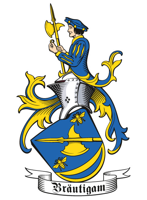 Wappen der Familie Bräutigam, seitlich mit Stechhelm und geneigtem Schild